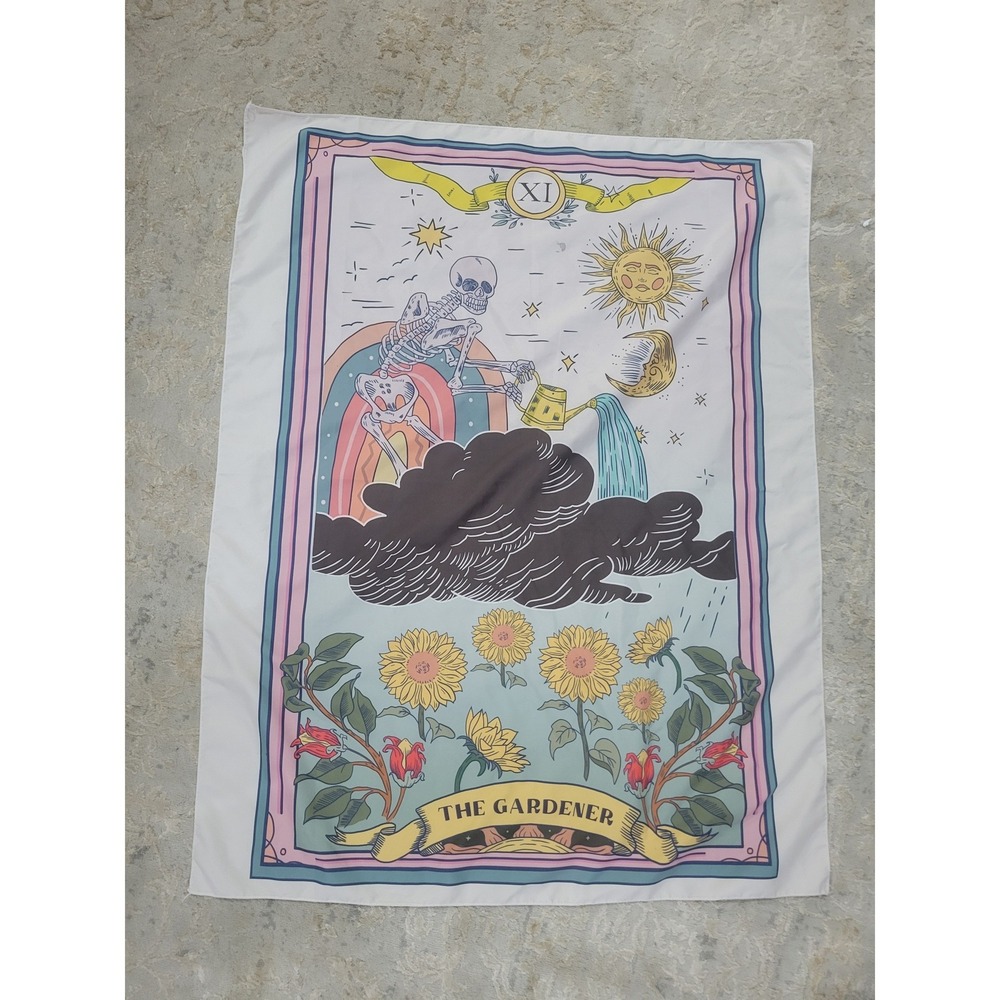 The Gardener Tarot Card Skeleton Sunflower Wall Tapestry 36x28 Pink Blue XI